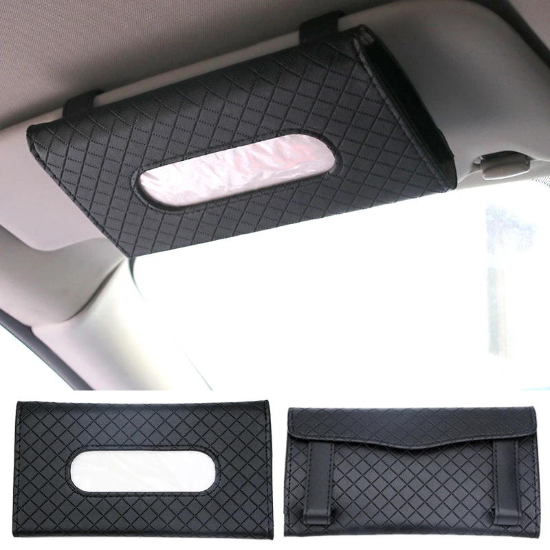 Grid Leather Car Tissue Box Auto Sun Visor Embossing Leather Tissue Case Car Hanging Towel Paper Organzier Napkin Papers Holder