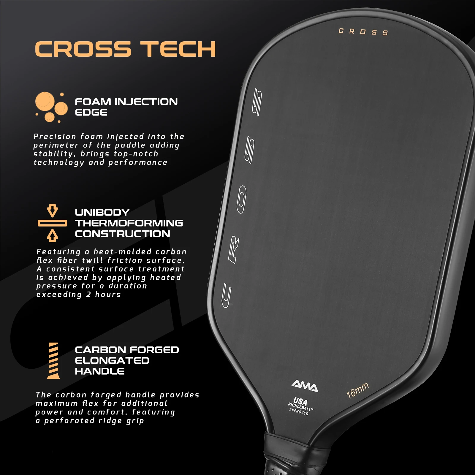 AMASPORT CROSS Pickleball Paddle Carbon Fiber USAPA Approvel Shape Textured Unibody Thermoformed Rackets with Cover Bag