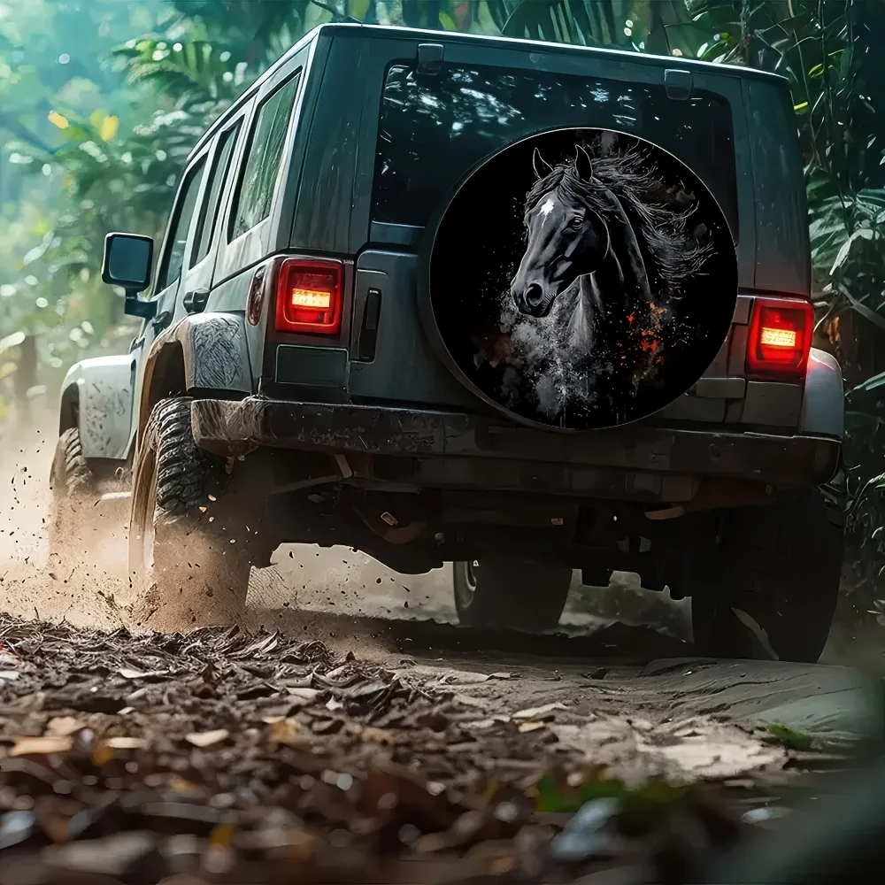 1 قطعة تصميم الحصان الأسود غطاء إطار بوليستر للمركبات على الطرق الوعرة والشاحنات وسيارات الدفع الرباعي دائم حماية جميع التضاريس التخييم الملحقات