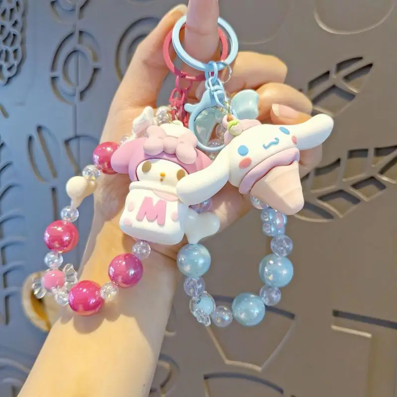 Sanrio Hello Kitty Beaded Keychain Cinnamoroll Kuromi Melody Cartoon Doll Pendant Phone Chain Keychains Bag Pendant Accessories