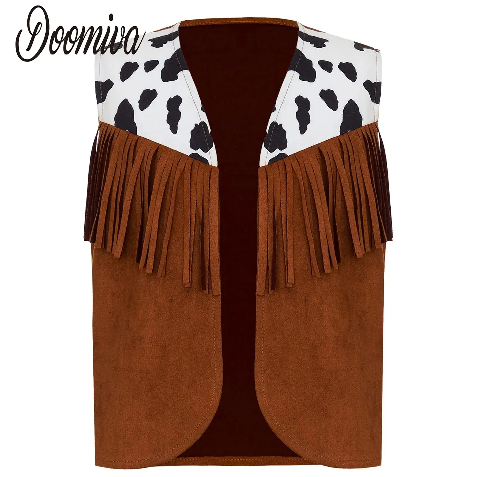 Western Cowboy Halloween Cosplay Costume for Boys Girls Sleeveless Cow Pattern Print Fringe Waistcoat Children Cowboy Coat