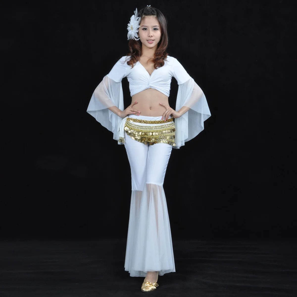 Mesh Lace-up Exercise Suit Set Belly Dance Slim Skinny Flared Pants Butterfly Sleeve Top Coin Waist Chain Stage Performance