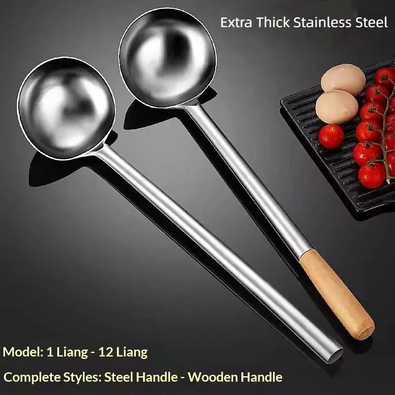 1Pcs Stainless Steel Wok Spoon With Wood Handle Extra Thick Soup Porridge Ladle Heat Insulation Kitchen Cooking Utensil For Home