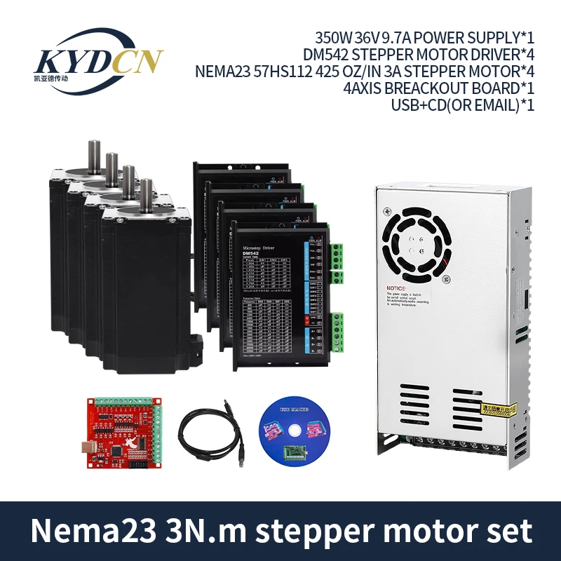 

4-axis NEMA23 57HS112 2.8Nm stepper motor with DM542 driver and Mach3 interface board with 350W36V power adapter motor set