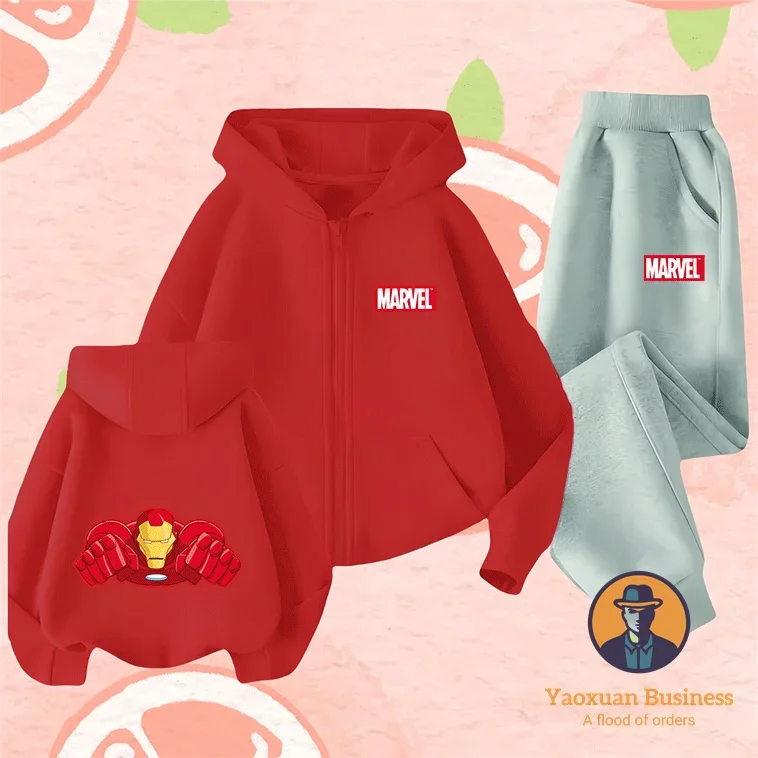 

Stylish Marvel Series Girls Little Kids Boys Zip Up Hoodie Set Cute Cartoon Printed Warm Windproof Autumn Winter New