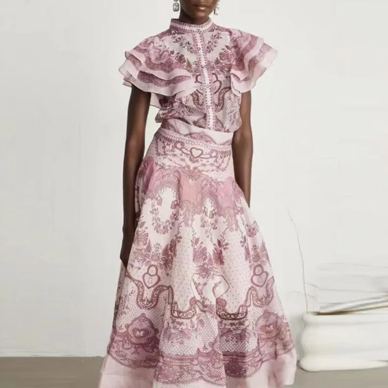 

Australia Light Luxury Paisley Print Stand Collar Blouse High Waist Skirt Set