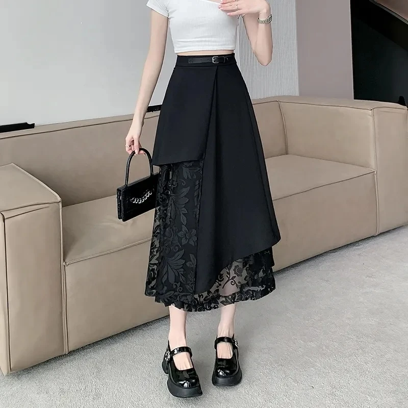 

Irregular midi Lace patchwork Skirt ,Women ,2024 Spring Summer New Elegant Black Party Skirts, High Waist Slimming long Skirt,