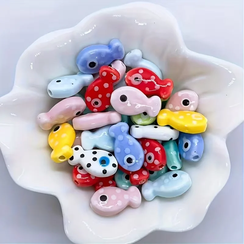

Dot-patterned ceramic fish-shaped beads - in multiple colors, suitable for DIY handicrafts and bag/hanging accessories