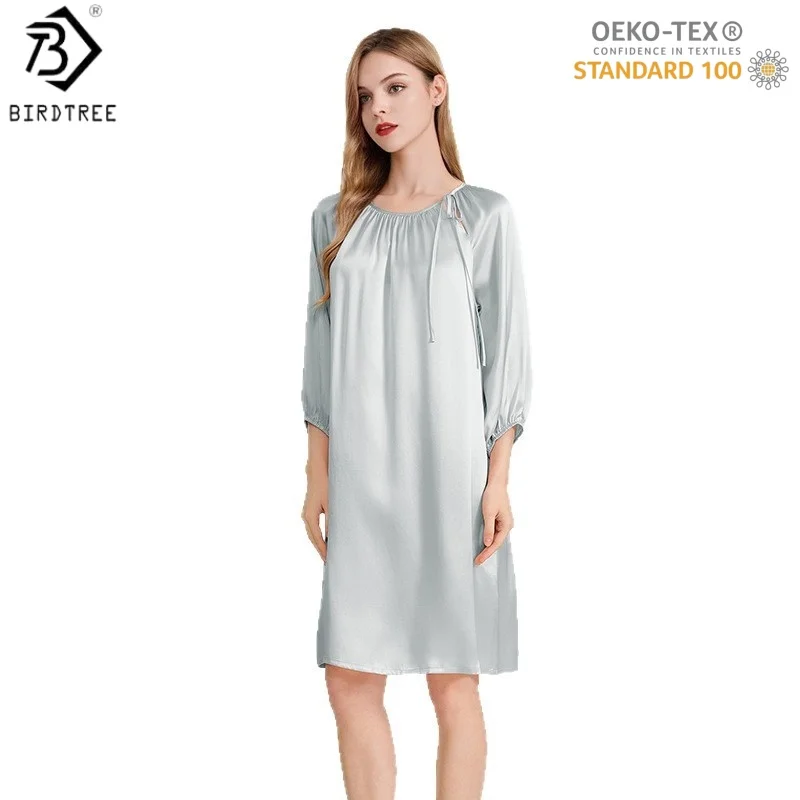 Birdtree,OEKO-TEX,6A 16MM 100% Silk Sleep Nightgown,O-neck,Women's Sexy French-style Pajama Homewear Dress,2026 New D61208JF