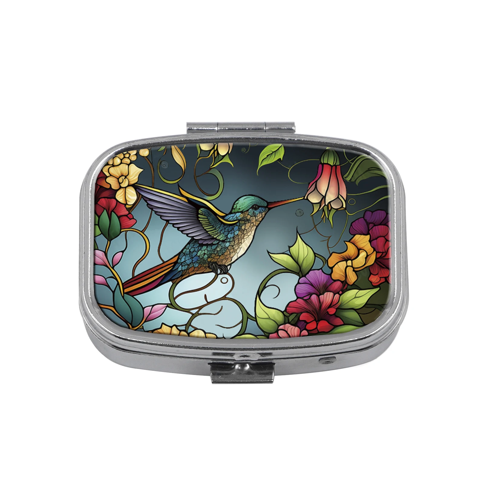 Tragbare 2-Fach Metall-Pillendose, Vintage Kolibri-Blumen-Druck Taschen-Pillenbox Mini Reise-Vitamin-Medikamentenhalter