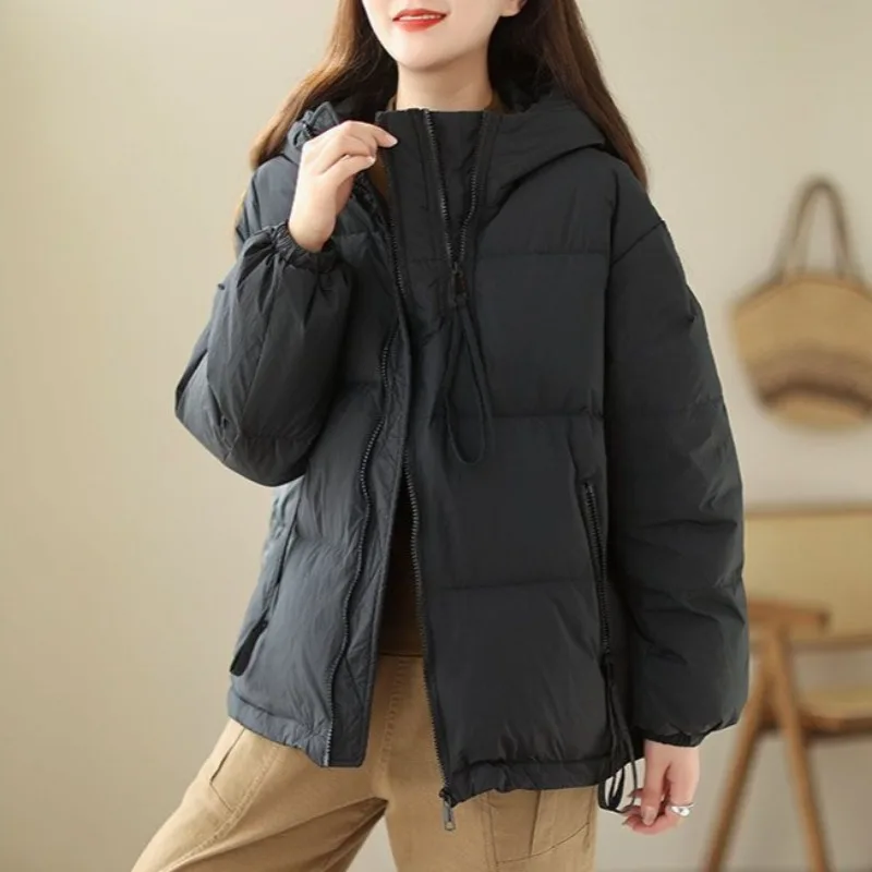 

Parkas Women Loose Warm Hooded Cozy Korean Style Retro Fashion Outwear Solid Popular Coats Autumn Winter Leisure Femme Zipper