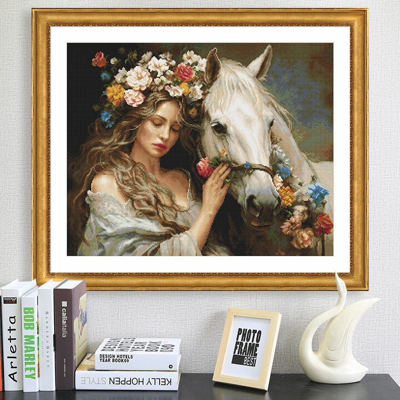 DIY pre-printed Cross Stitch 11CT 14CT Aida Fabric beginners set Flower Fairy and Horse embroidery floss kit