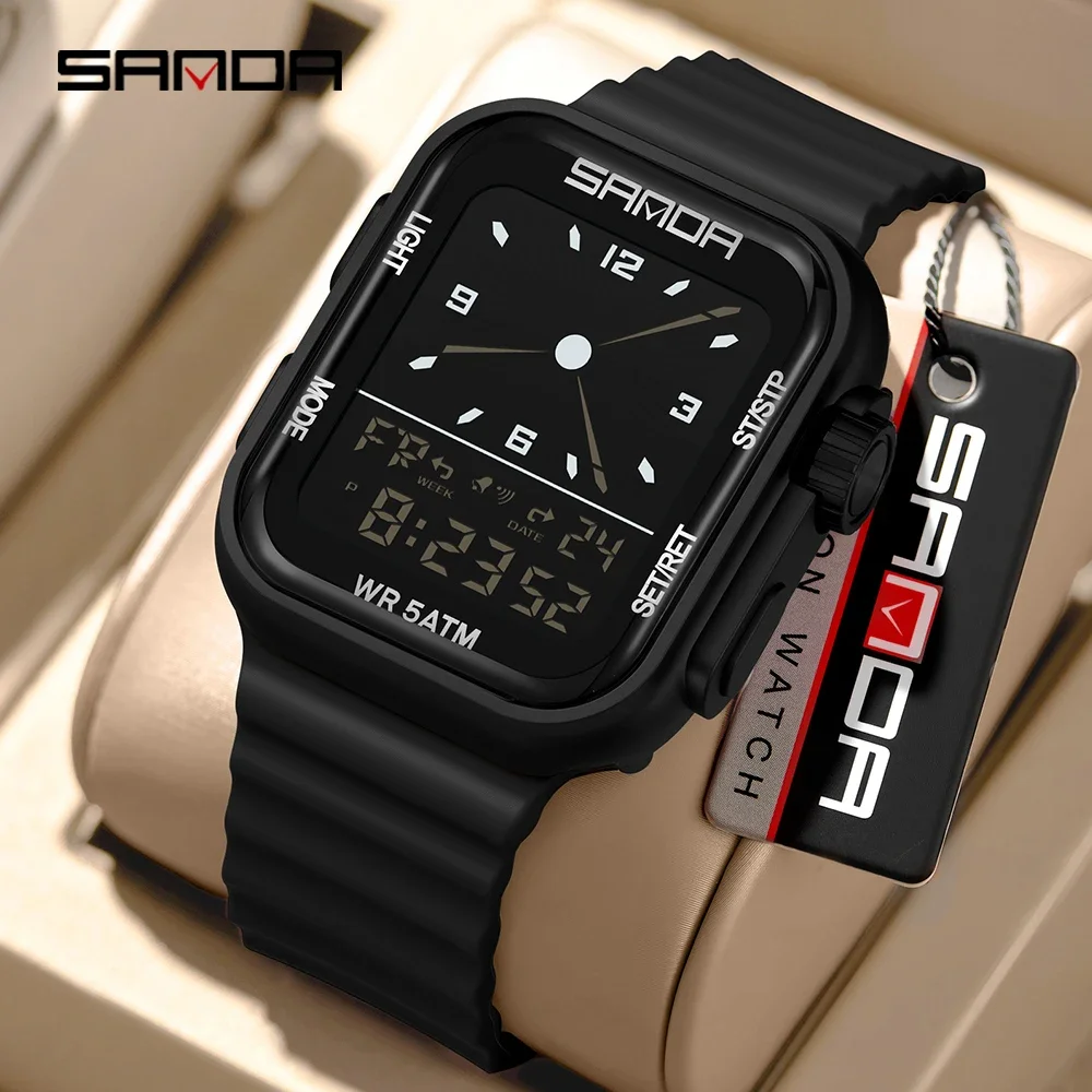 SANDA 9510 Square LED Electronic Watch Mens Multifunctional Digital Timing Clock Calendar Alarm Military Casual Waterproof Watch