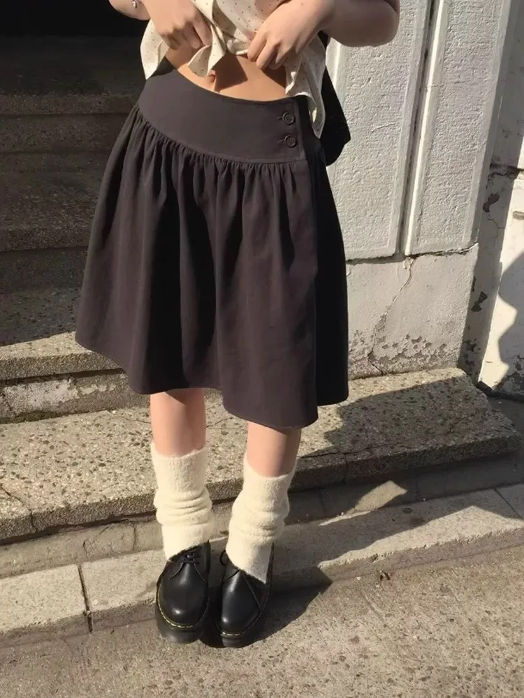 2025 American Vintage Skirt for Women Korean High Waist Loose French Elegant Solid Color Japanese Harajuku A-line Skirts