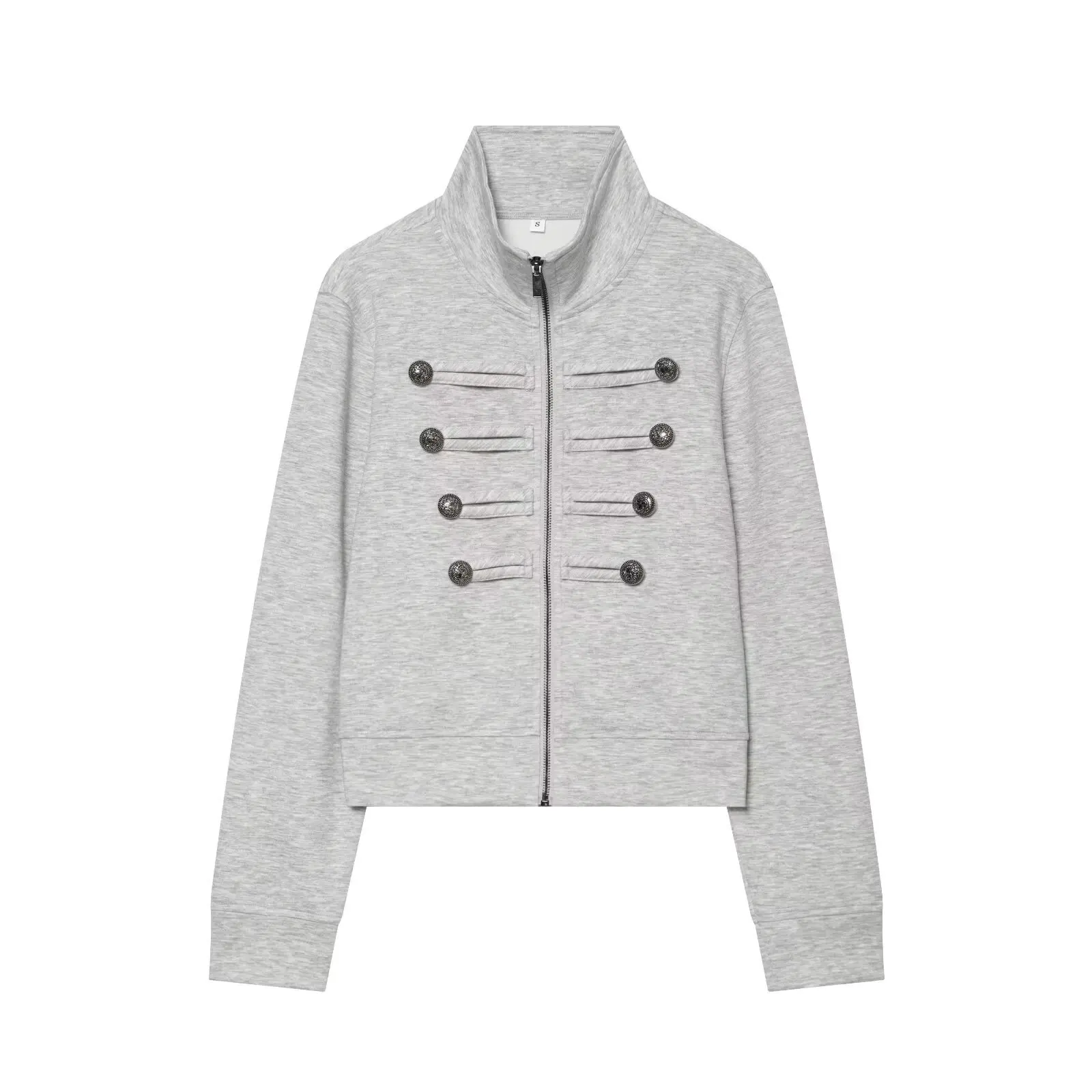 Heather Gray Sweatshirt Jacket Stand Collar Full Zip Up Decorative Double Row Metal Buttons Ribbed Cuff Hem Cropped Outerwear