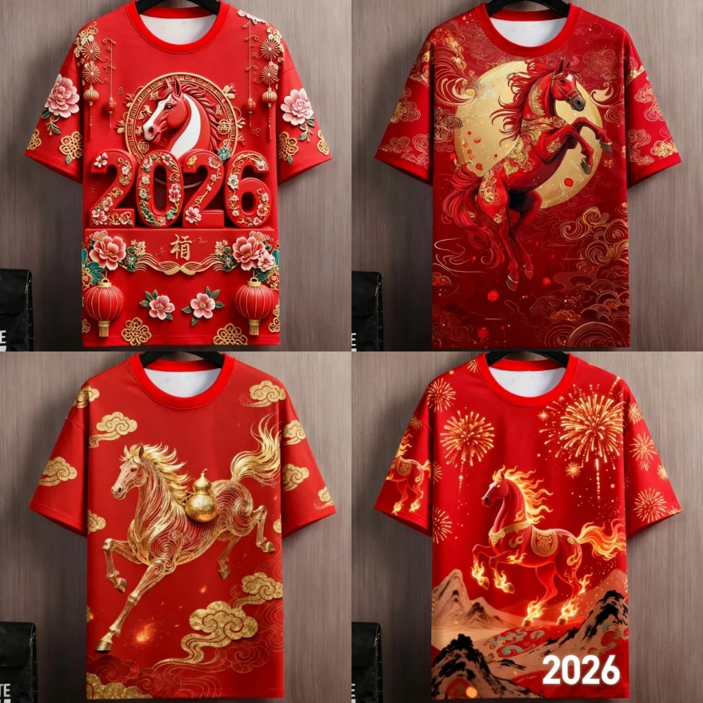 2026 New Fashion Style New Year T-shirt - Spring Festival Red Holiday Greeting The New Year, Suitable for Men and Women