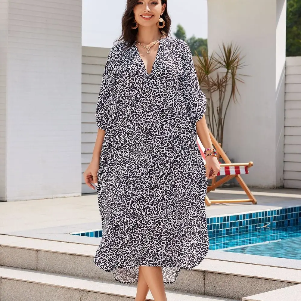 Beach V-Neck Summer Sunscreen Smock Long Loose Swimsuit Cover Up Dress Bathing Suit Casual Bikini Cover-Ups for Women