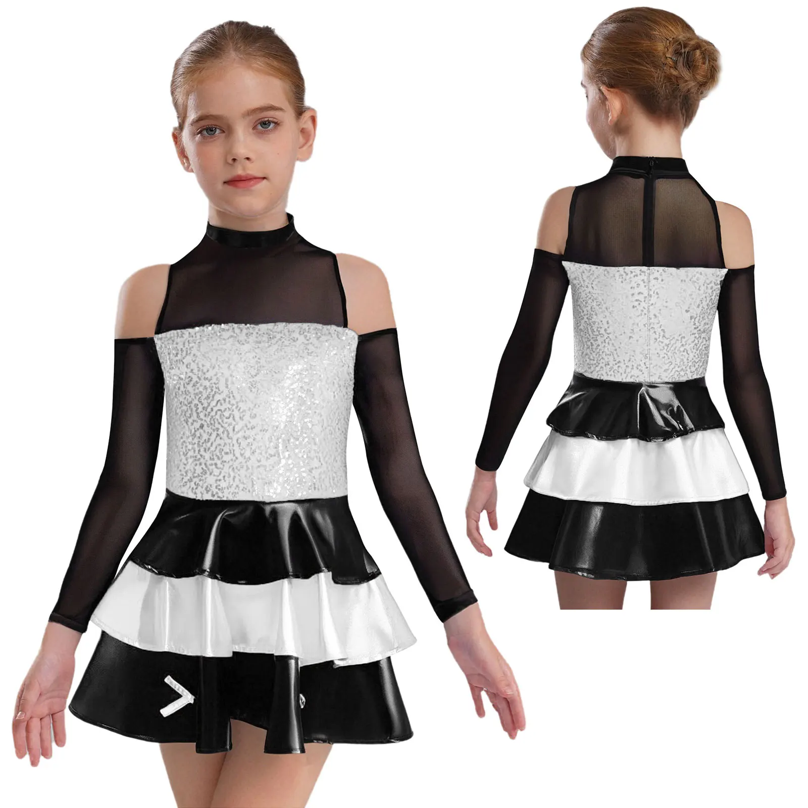 Meisjes Jazzdans Jurk Kunstschaatsen Kostuum Lange Mouw Glanzende Pailletten Tiered Verstoorde Ballet Tutu Ritmische Gymnastiek Turnpakje