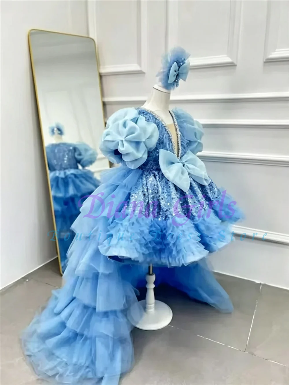 Luxury Flower Girl Dress Quality Blue Sequin Applique Tulle Fluffy for Little Girls Wedding Birthday Party Evening Ball Gowns