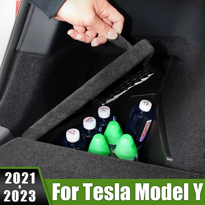 

For Tesla Model Y 2021 2022 2023 TPE Car Rear Trunk Side Organizer Box Custom Boot Storage Bins with Cover Tray Trim Accessories