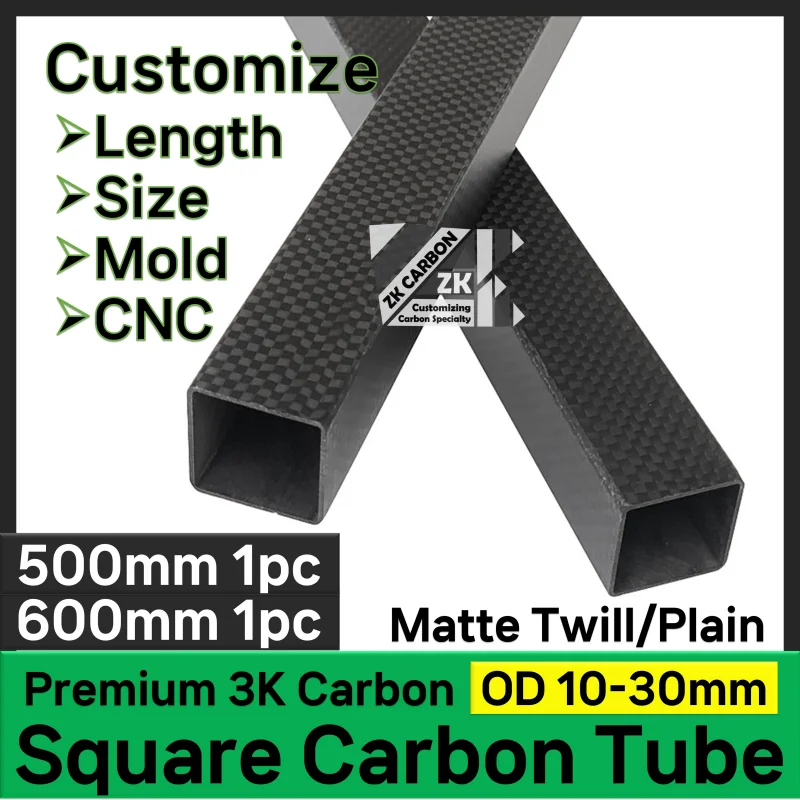 ZKCARBON 1pc 500mm 600mm High Quality Carbon Fiber Square Tube OD 10mm 12mm 15mm 18mm 20mm 22mm 25mm 30mm Twill Plain Weave Matt