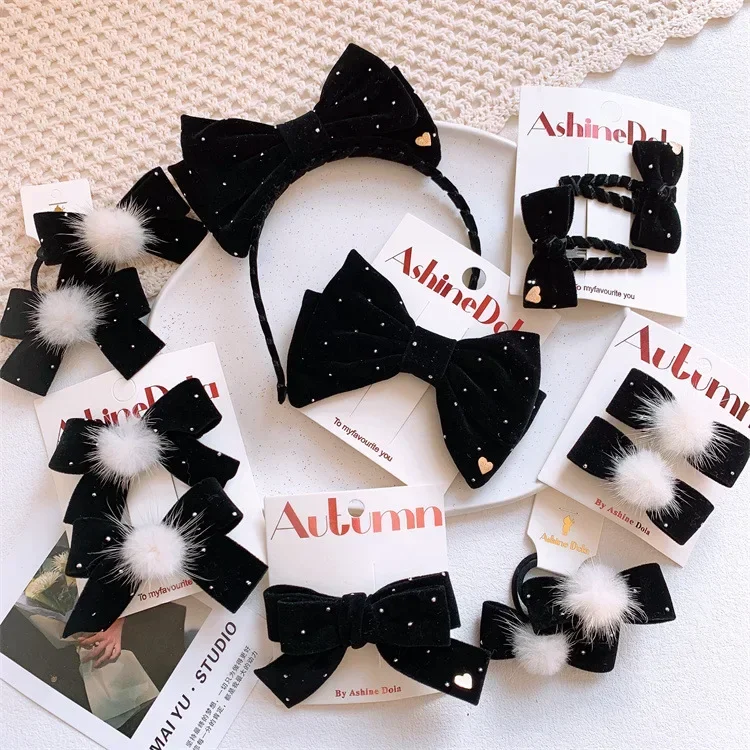 Baby Black Velvet Hair Bows Ties Kids Girls Ponytail Holder Elastic Hair Bands Korean Pompom Rope Scrunchies Hair Accessories