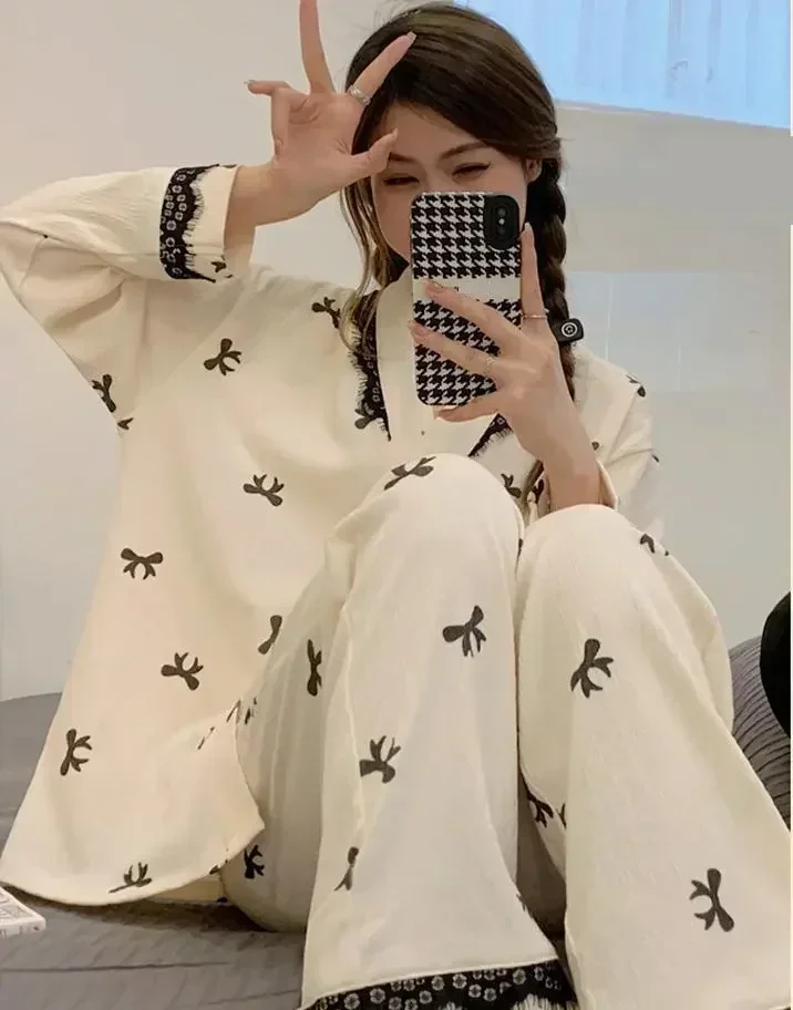 Рубашка Брюки Ночная рубашка Пижамы с v-образным вырезом Пижамы Кружевной комплект для сна Весенняя женская одежда для сна с рукавами Пижамный костюм Длинный комплект нижнего белья