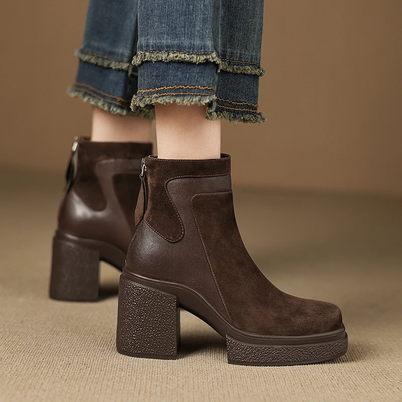 

Новинка 2026, осенне-зимние женские ботильоны из натуральной кожи, короткие ботинки разных цветов из овчины + детской замши с квадратным носком, размеры 22-24,5 см