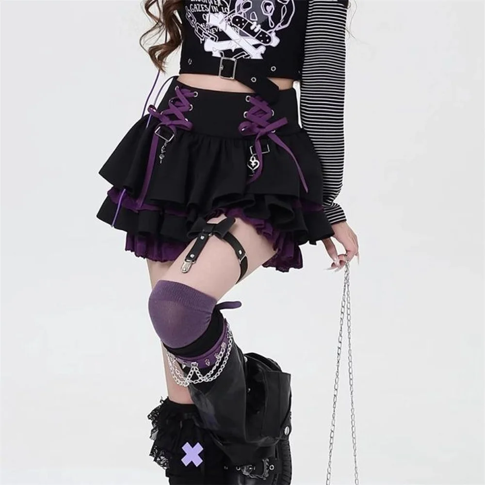 Japońska Lolita, słodka mini spódniczka damska, czarna, czerwona, fioletowa, z wysokim stanem, krótkie spódniczki, Y2k, urocza, seksowna, na ramiączkach, koronkowa spódniczka typu cake skirt.