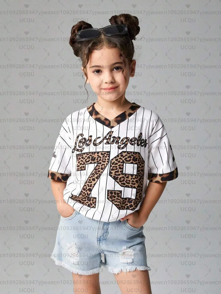 Girls Casual Sports Style Los Angeles NO.79 Pattern Color Block Print Short Sleeve V-Neck Women's Children T-shirt Tops