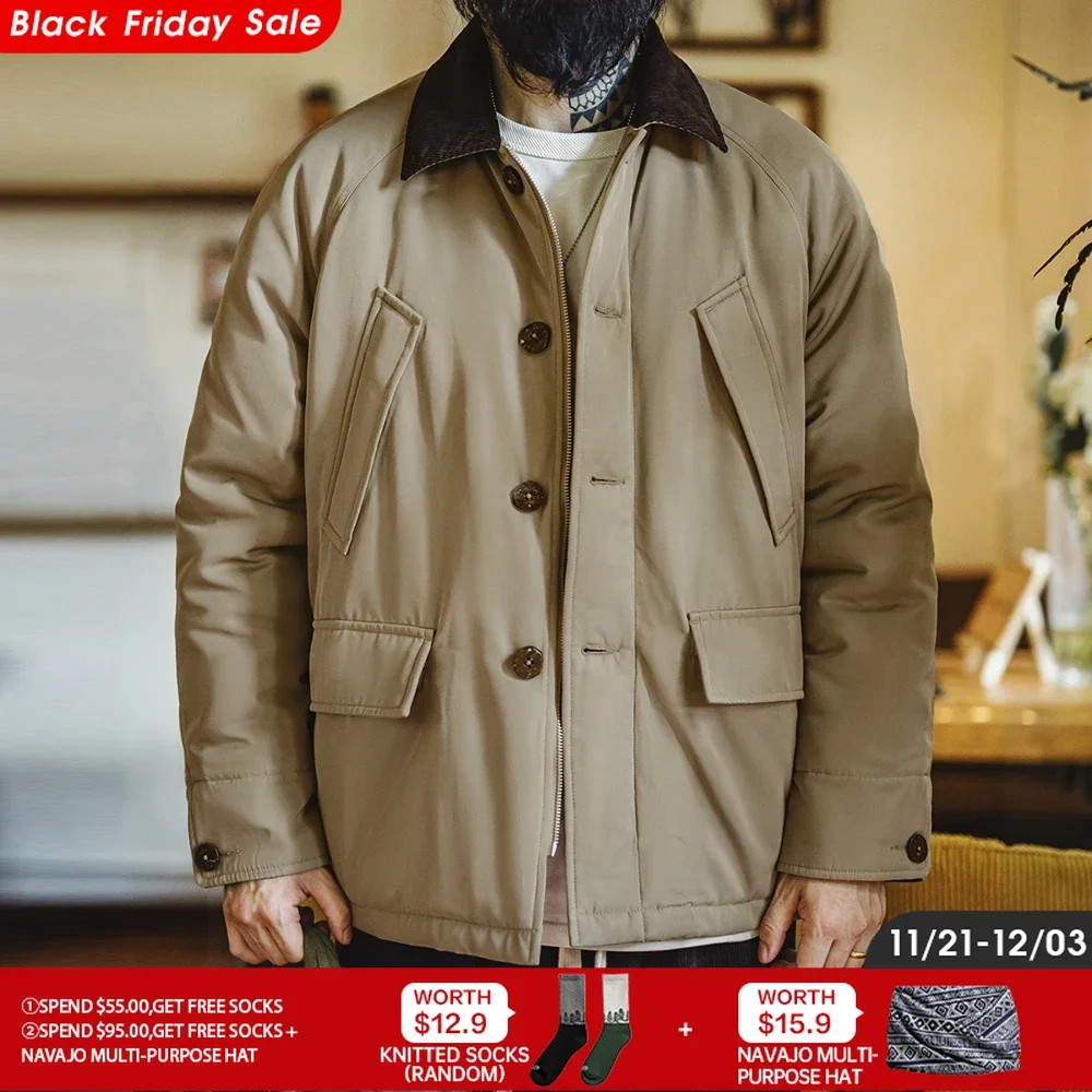 Maden Vintage Corduroy Collar Cotton Padded Safari Jacket Thickened Warm Coat for Men's Fall and Winter Versatile Overcoat