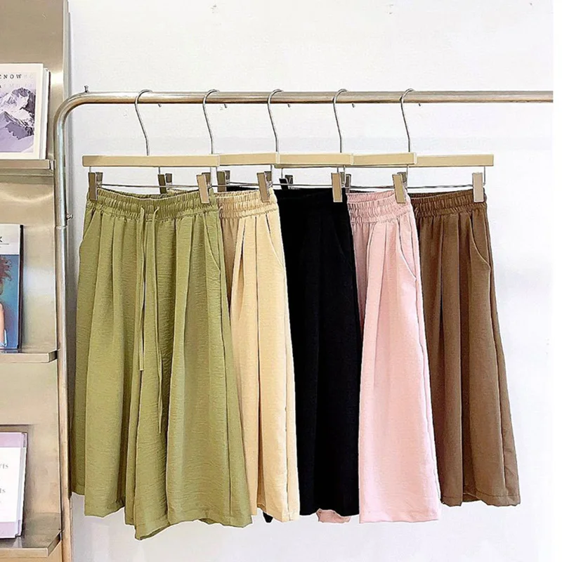 Women knee Length loose Pants Elastic Waist Wide Leg Female Pants 2024 Female Basic Summer Half Pants