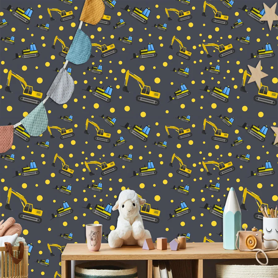 4+Waterproof Cartoon Excavator Pattern Drawing Kids Mural TV Walls Renovation, Wallpaper for Living Room, Self Adhesive Optional