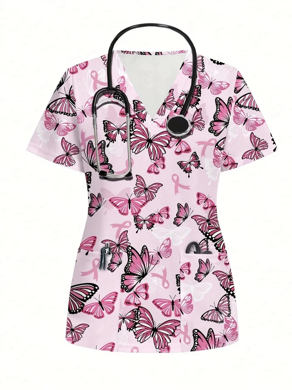 

Women's Medical Uniforms Fashion Butterfly Pattern Print Vet Short Sleeve Tops Comfortable V-Neck Dentist Medical Uniforms Nurse