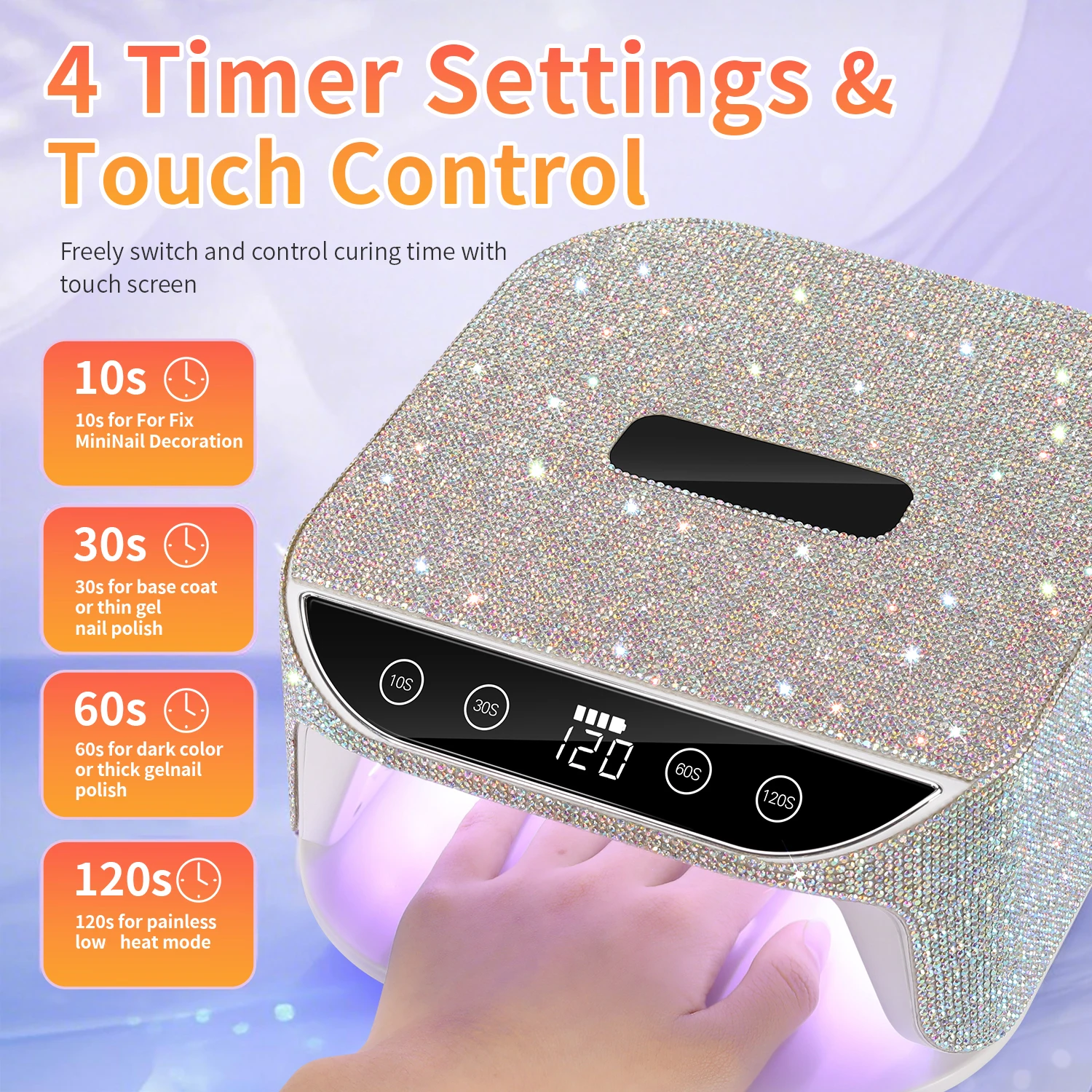مصباح تجفيف الأظافر مع أحجار الراين القابلة لإعادة الشحن، آلة تجفيف طلاء الأظافر اللاسلكية مع مقبض مصباح LED للأظافر بالأشعة فوق البنفسجية