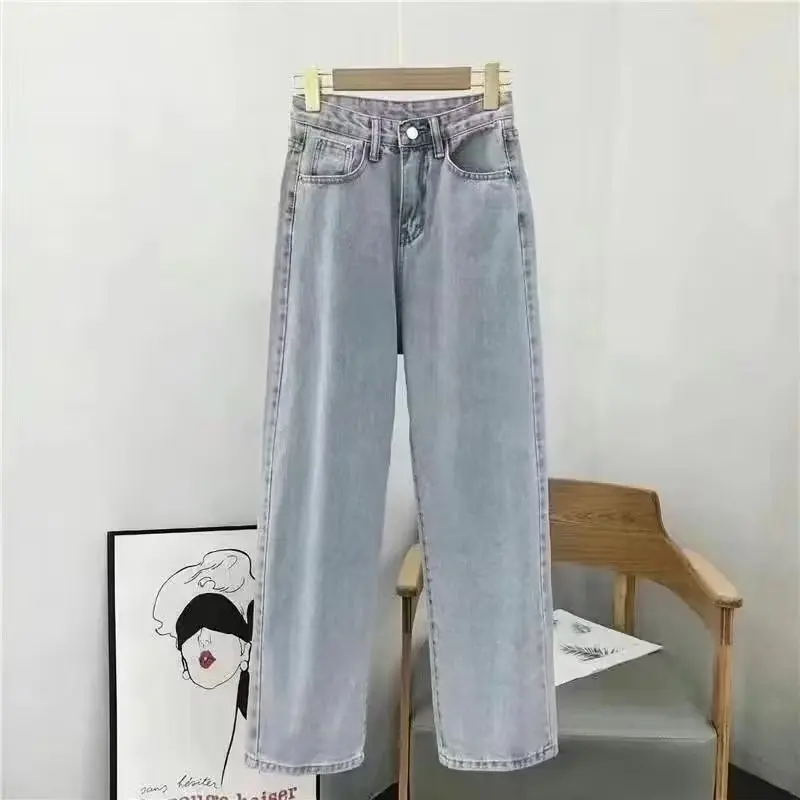 Jeans Ayah Pinggang Tinggi Wanita Musim Panas Baru Sle Korea Longgar Pelangsing Kaki Lebar Celana Panjang Kain Denim Tipis Musim Gugur