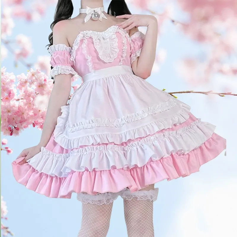 

Jrswai Women Japanese Maid Anime Cosplay Costume Sweet Pink Dress Uniform Cute Lolita Halloween Party Role Play Outfit