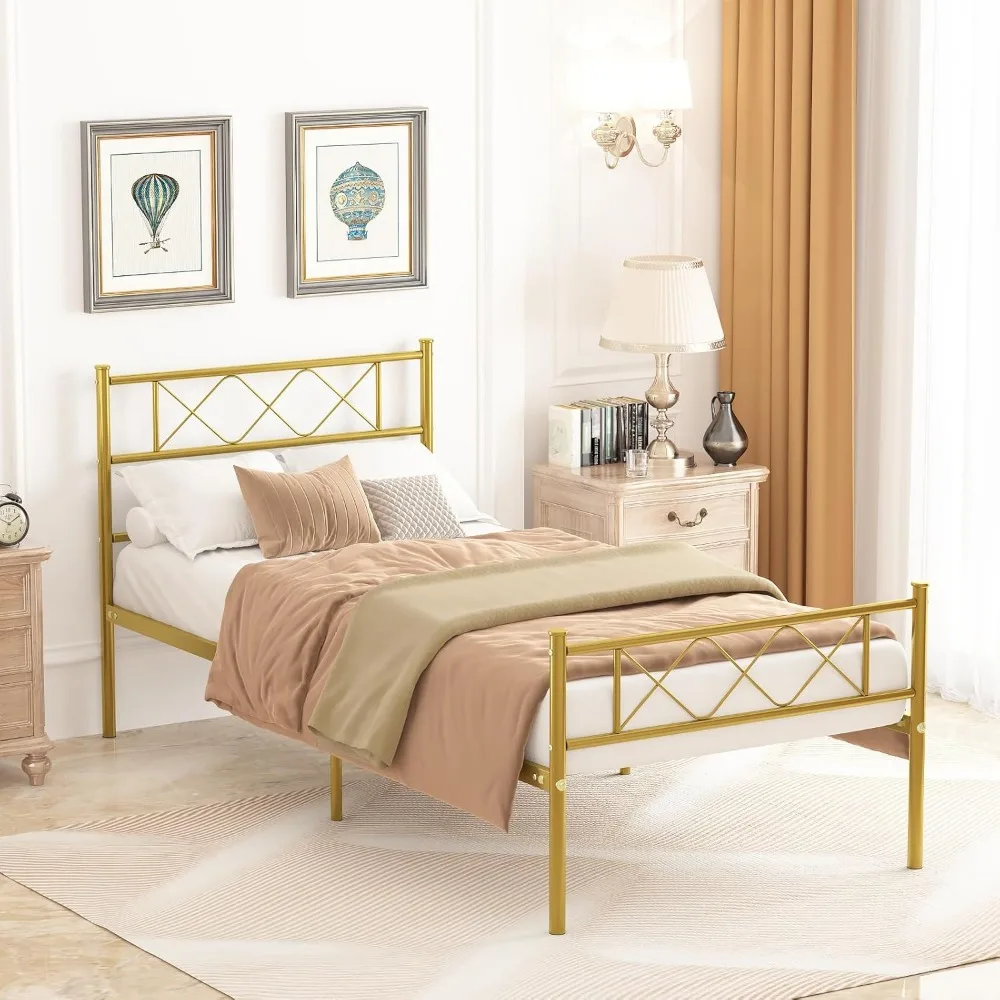 Weehom إطار سرير معدني مزدوج الحجم، مرتبة أساس/سرير منصة، شريحة فولاذية شديدة التحمل، أفضل للأطفال والكبار والطلاب باللون الذهبي
