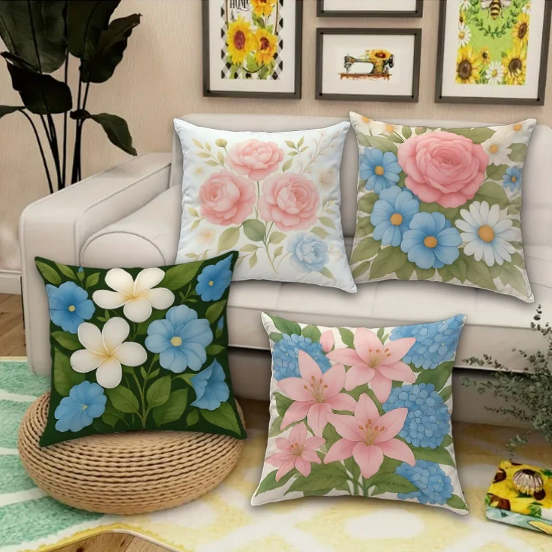 

Pink Blue Floral Pillow Covers, Rose Lily double-sided Printed Throw Pillow Cases, Romantic Home Decor for Sofa Bed, No Insert