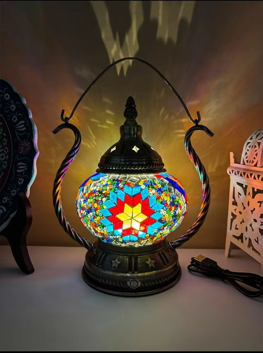 Rechargeable Turkish Mosaic Table Lamp Deco Handcrafted Lampe Abajur Para Quarto Bed Night Light Lampara De Noche Dormitorio