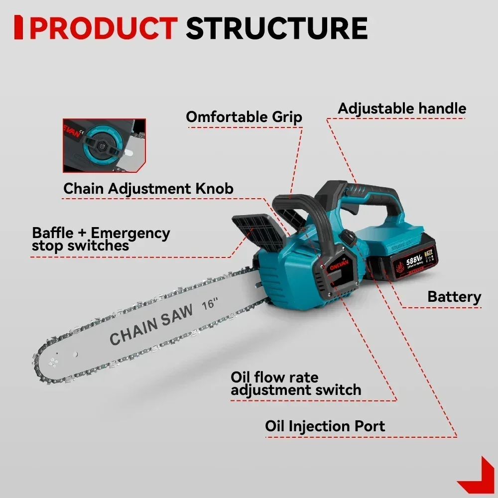 ONEVAN 16 Zoll bürstenlose elektrische Kettensäge 8000 W Akku-Batterie-Säge Holzbearbeitung Schneidwerkzeug für Makita 18 V Batterie Pin