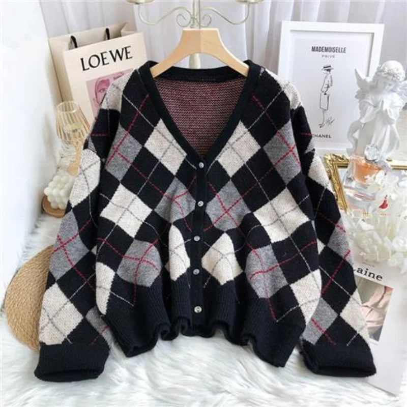 Women Autumn and Winter Korean Style V-Neck Lozenge Contrast Panelled Knit Cardigan Sweater Thickened Button Long Sleeves Coat