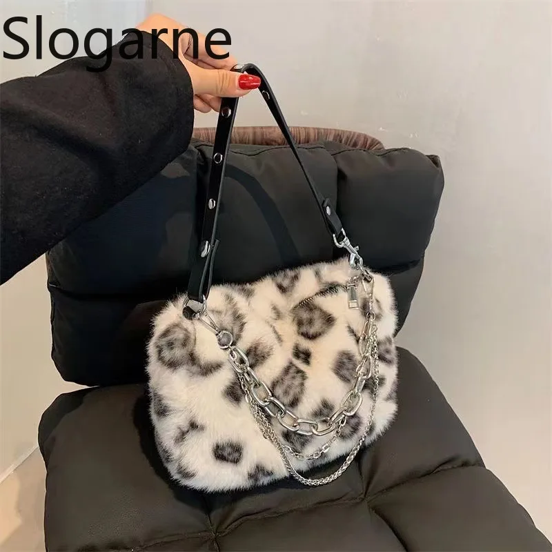 Зимние сумки с цепочкой, женские новые сумки на плечо из искусственного меха с леопардовым принтом, женские дневные клатчи с леопардовым принтом, вечерние сумки с пушистой верхней ручкой