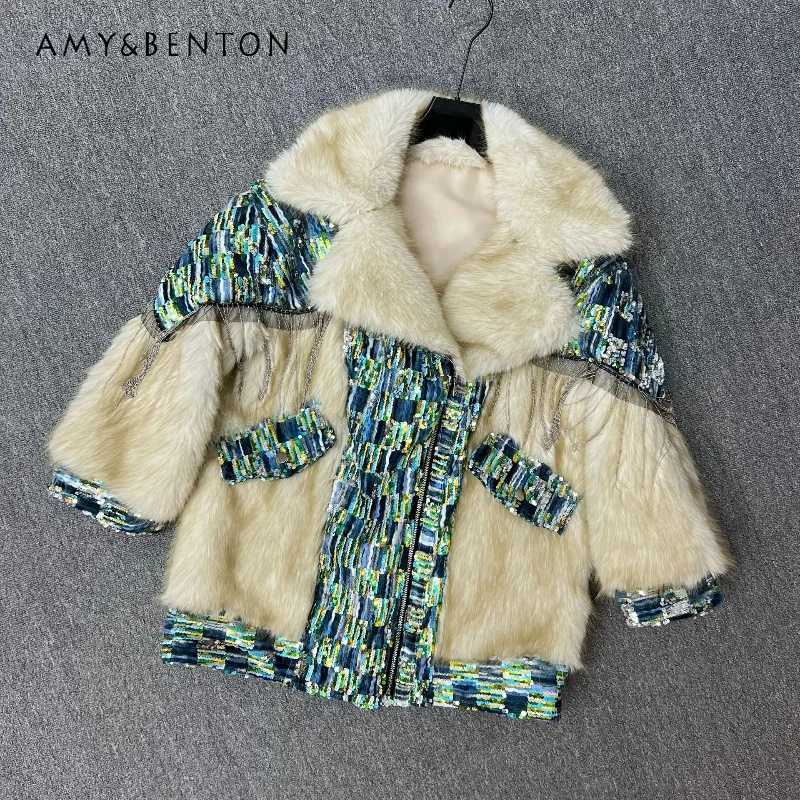 Kurtka zimowa 2025 z imitacji futra lisa, styl koreański, luźny krój, modny płaszcz z cekinami, elegancki, casualowy, zapinany na zamek, wełniany, jednoczęściowy, jaquetas