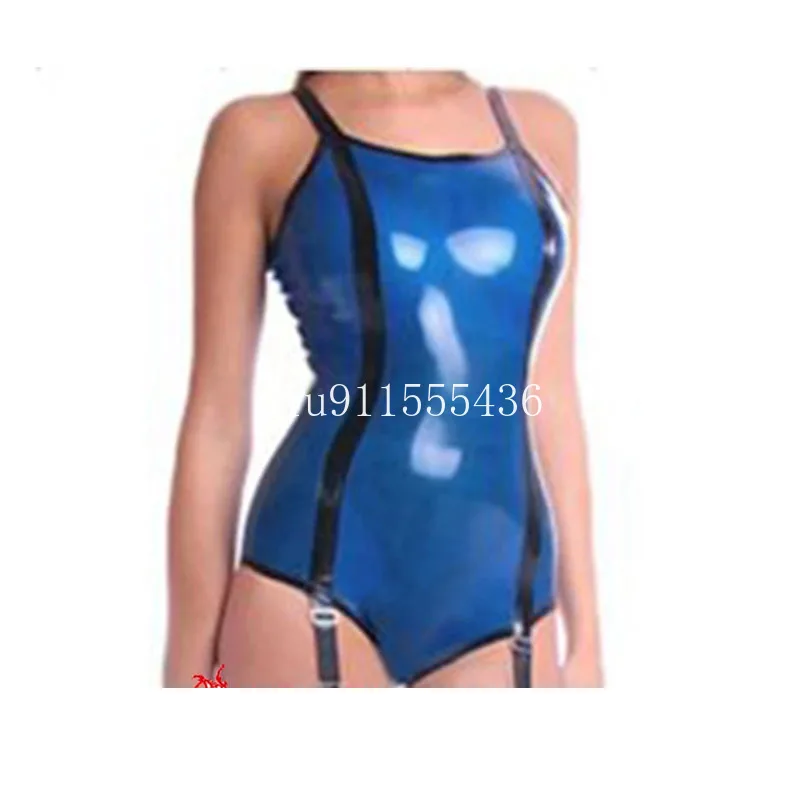 

Sexy Women Blue Latex Swimsuit Sleeveless Rubber Bodysuit Jumpsuit