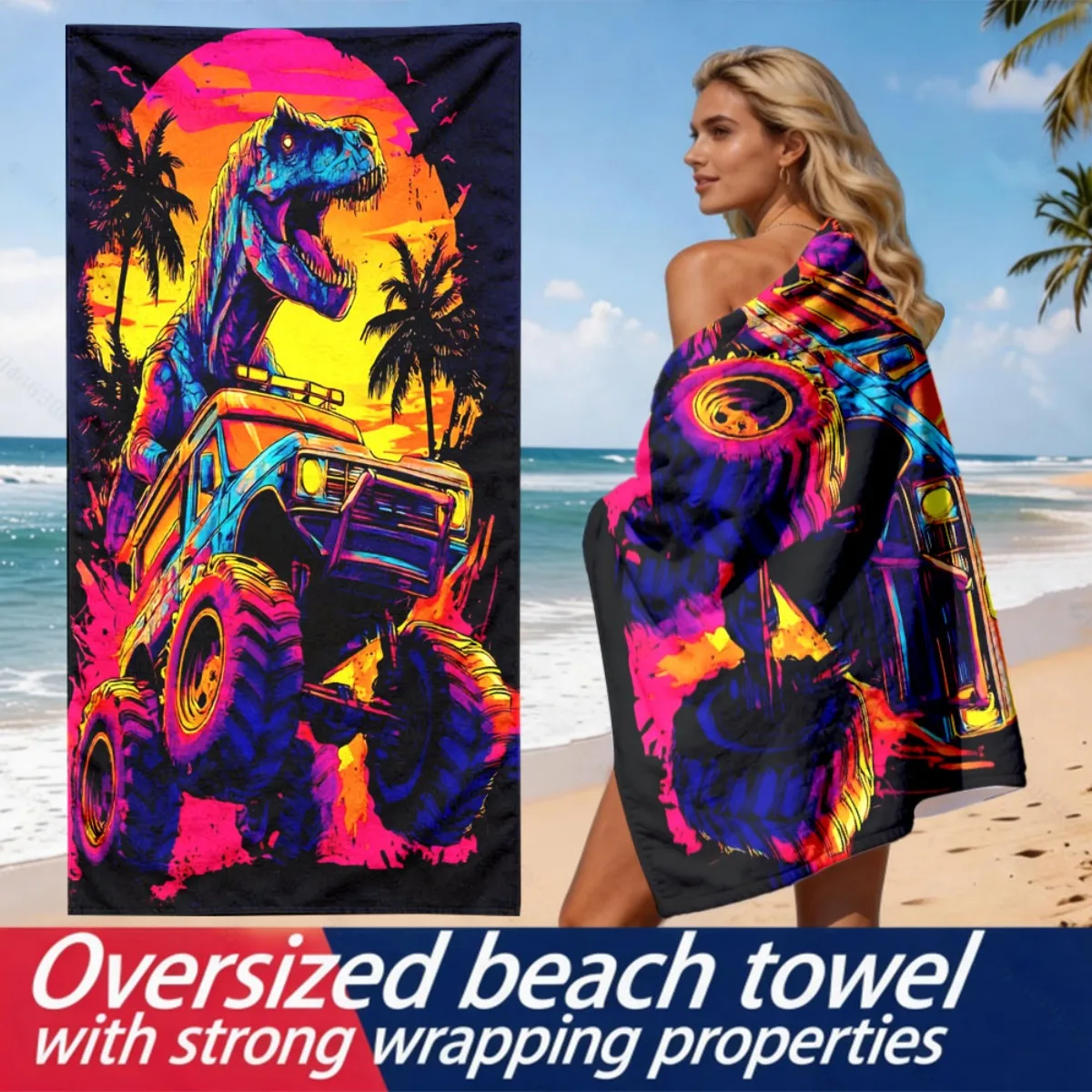 Tyrannosaurus Rex Off-road Vehicle Theme polyester microfiber beach towel is highly absorbent, suitable for swimming and beach