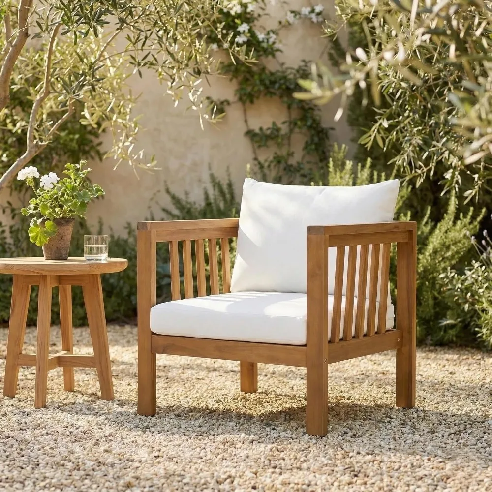 Elegant Acacia Wood Club Chair, Square Arms, Thick Cushion, Adjustable Feet, Ideal for Outdoor Relaxation