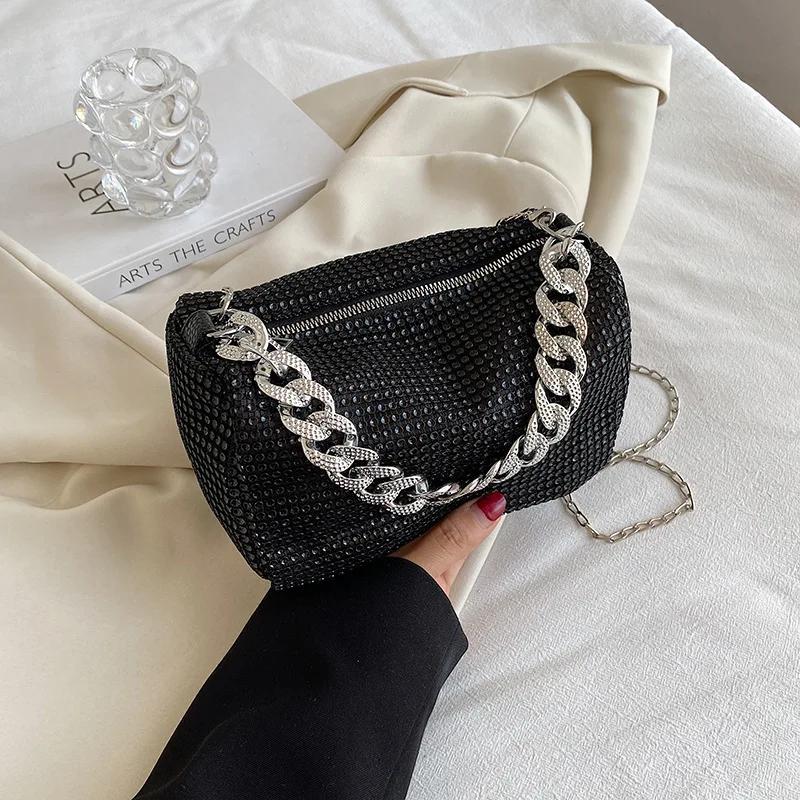

Korean-Style Shiny Rhinestone Cylindrical Crossbody Bag for Women - Full of Bling, Stylish & Casual, with Chain Strap