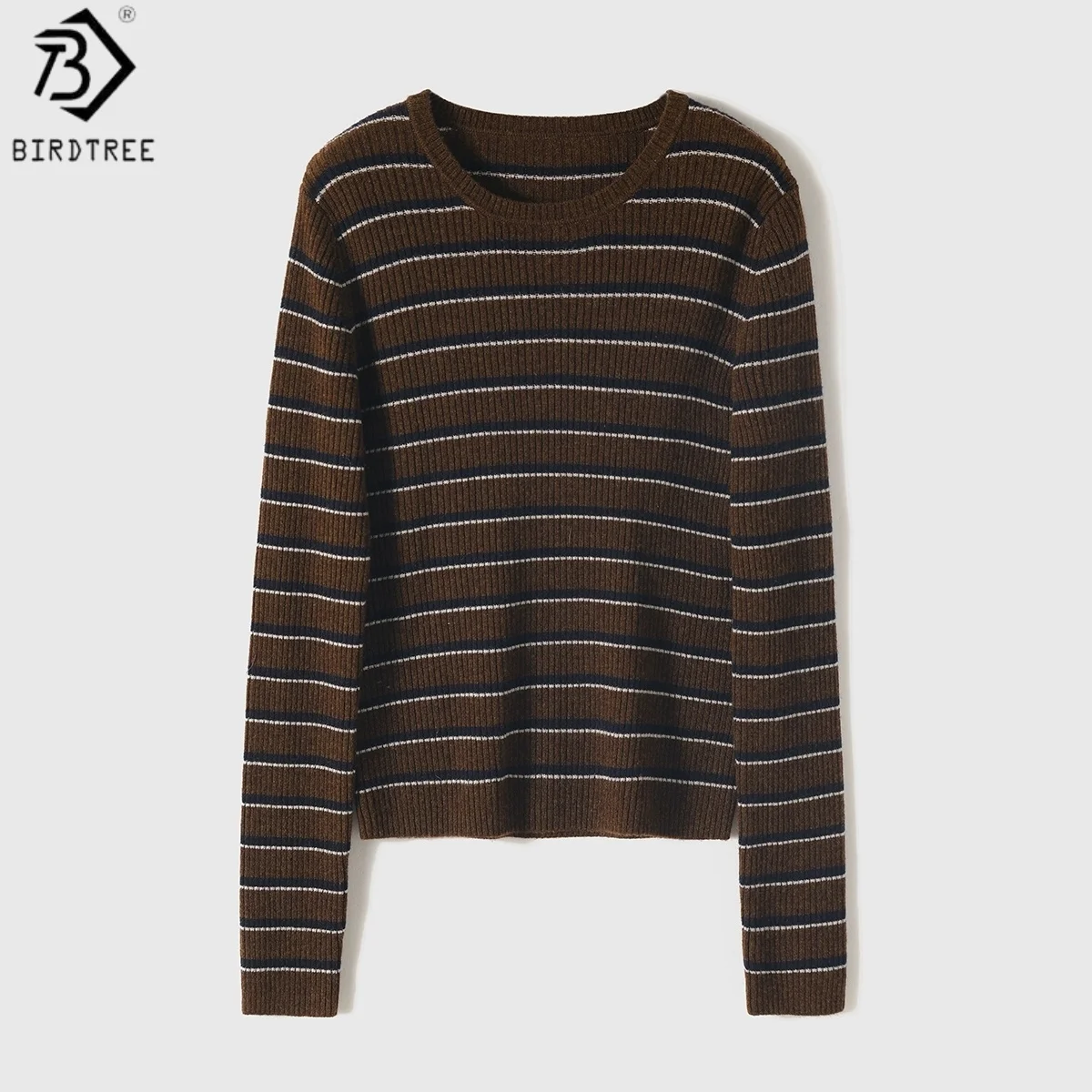 

Birdtree,90% Sheep Wool 10% Cashmere Knitted Sweater,Woman Stripe O-neck Bottoming Knitwear,2025 Autumn Soft Pullover T5O725JF