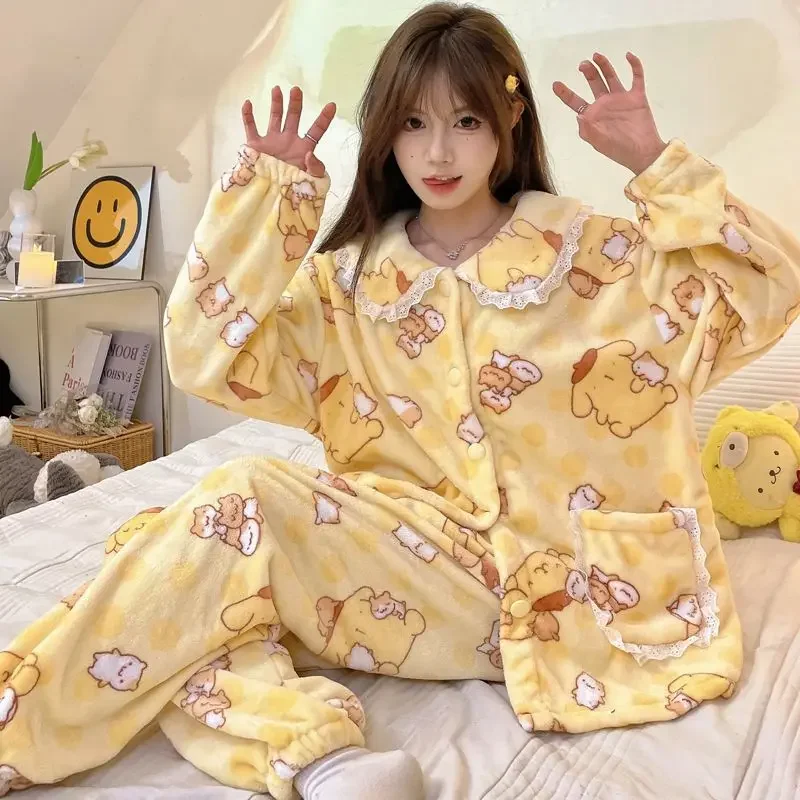 جديد لطيف سانريو بوم بوم بورين يمكن الخروج منامة Kawaii دمية طوق السيدات Homewear الشتاء سميكة الدافئة طويلة الأكمام فستان أطفال مع سروال داخلي